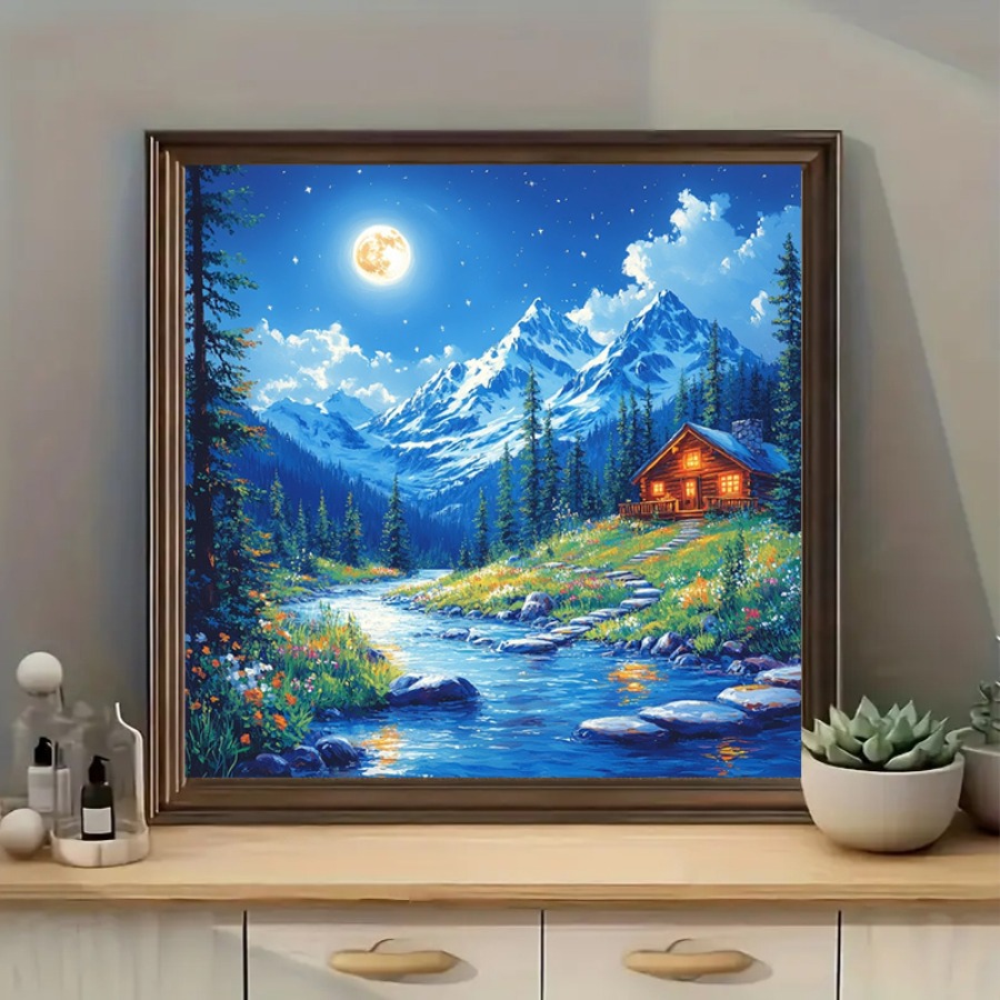 Party Games Stream - Rompecabezas Moonlight Snow Mountain Cottage Stream,